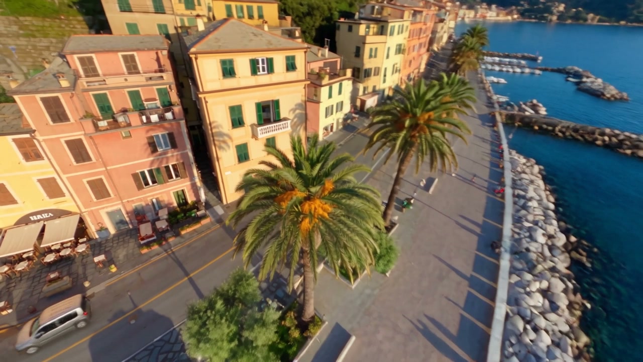 The Rapallo seafront from above, with palms and the pier